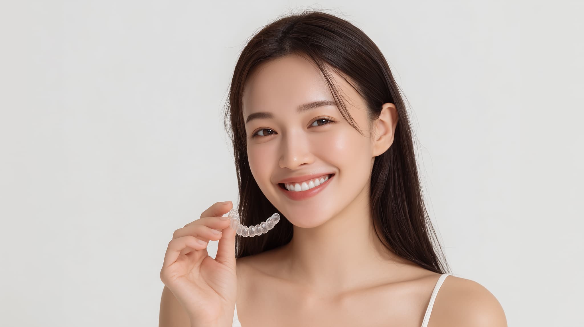 マウスピースを持って笑顔を見せる女性